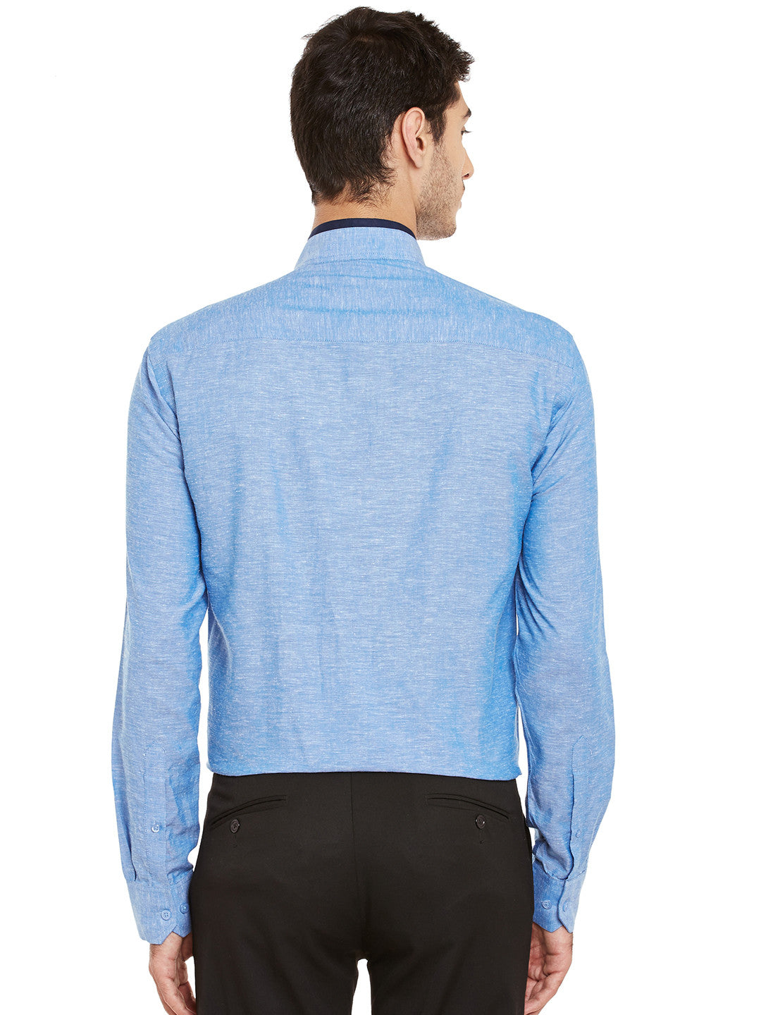 Men Blue Solid Linen Cotton Slim Fit Formal Shirt