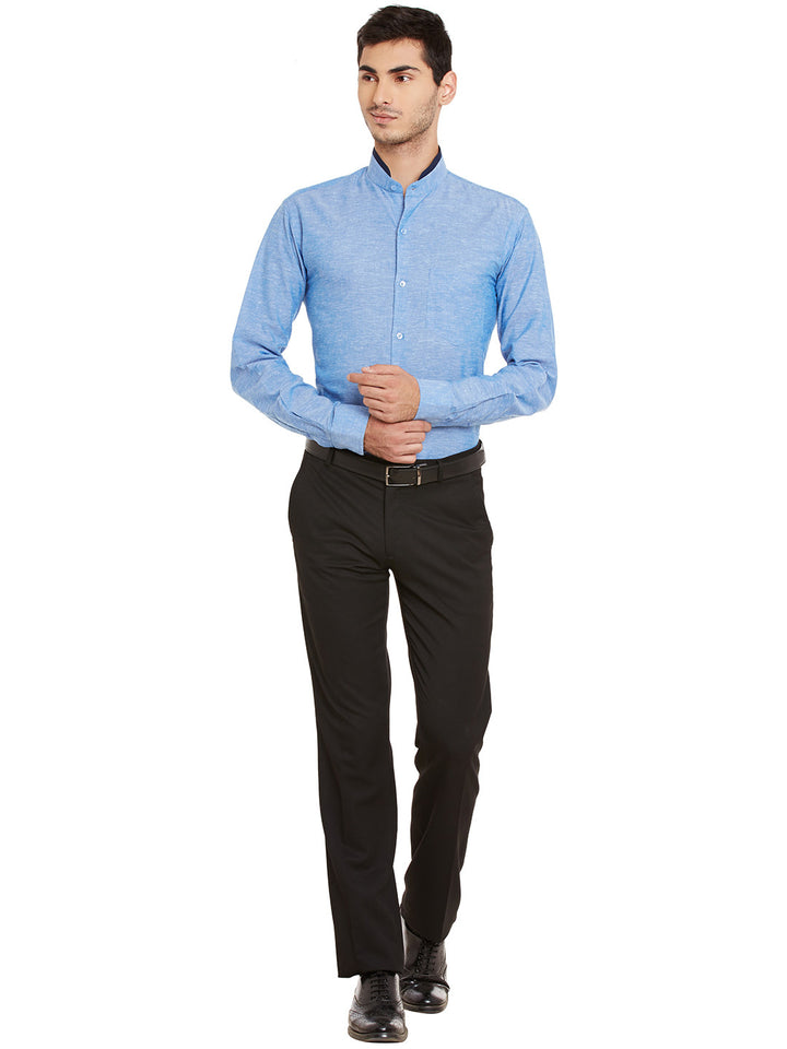 Men Blue Solid Linen Cotton Slim Fit Formal Shirt