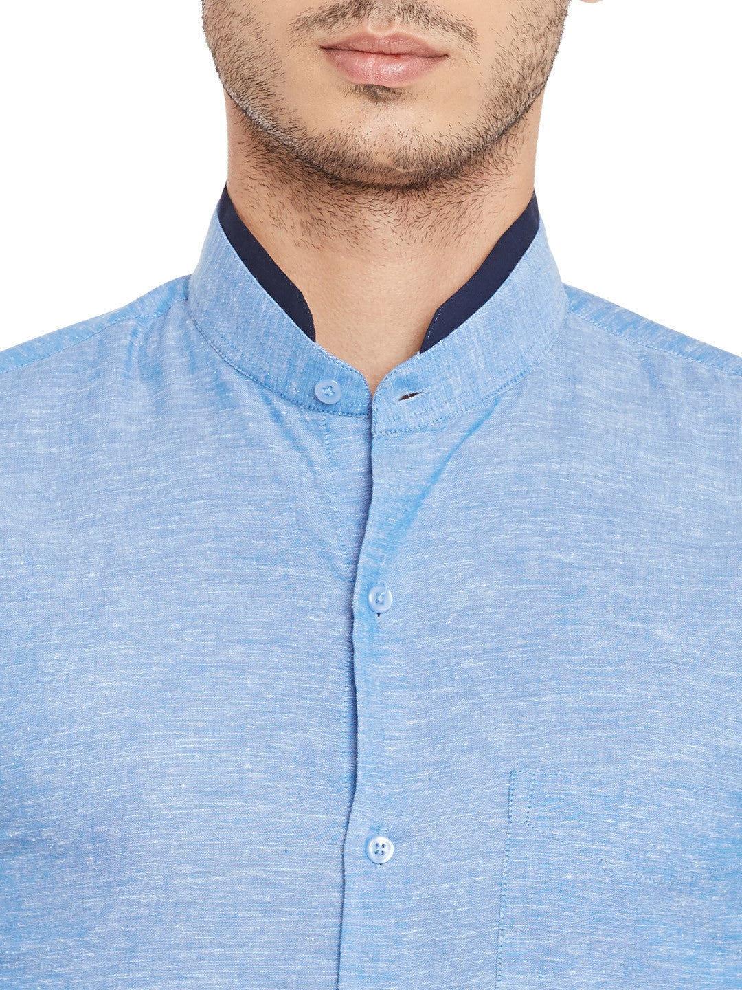 Men Blue Solid Linen Cotton Slim Fit Formal Shirt
