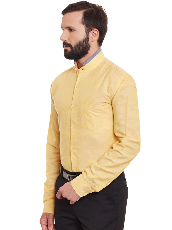 Men Yellow Solid Linen Cotton Slim Fit Formal Shirt