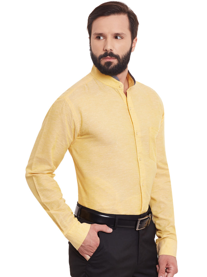 Men Yellow Solid Linen Cotton Slim Fit Formal Shirt