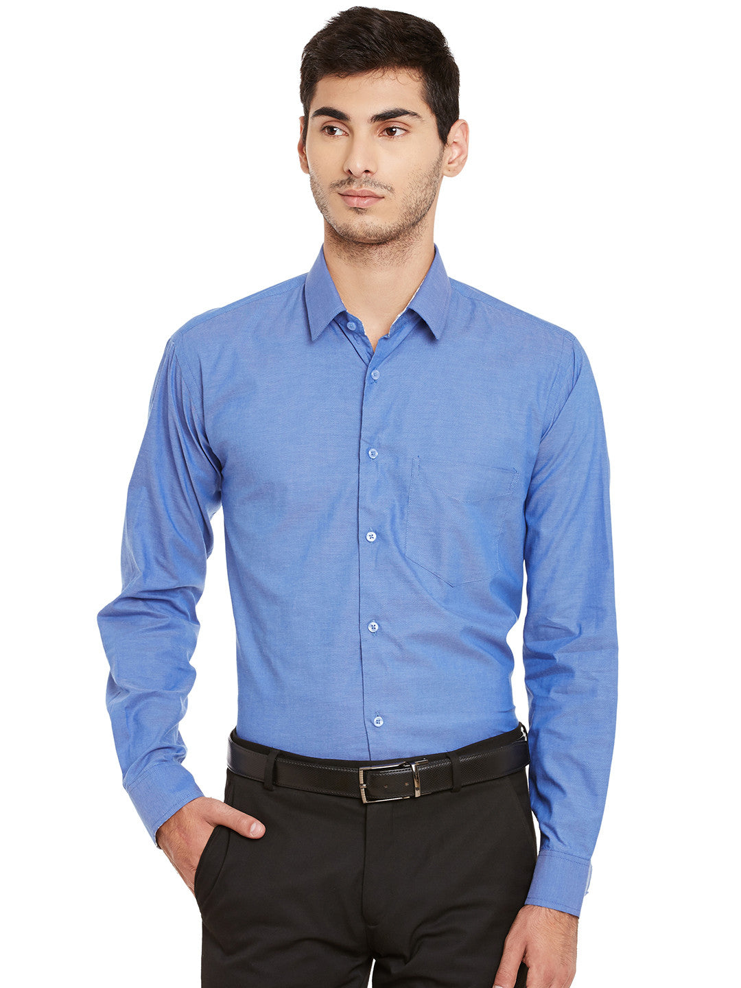 Men Blue Solid Pure Cotton Slim Fit Formal Shirt