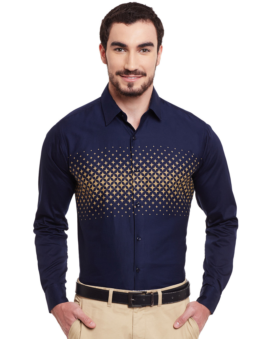 Men Navy Printed Pure Cotton Slim Fit Formal Shirt