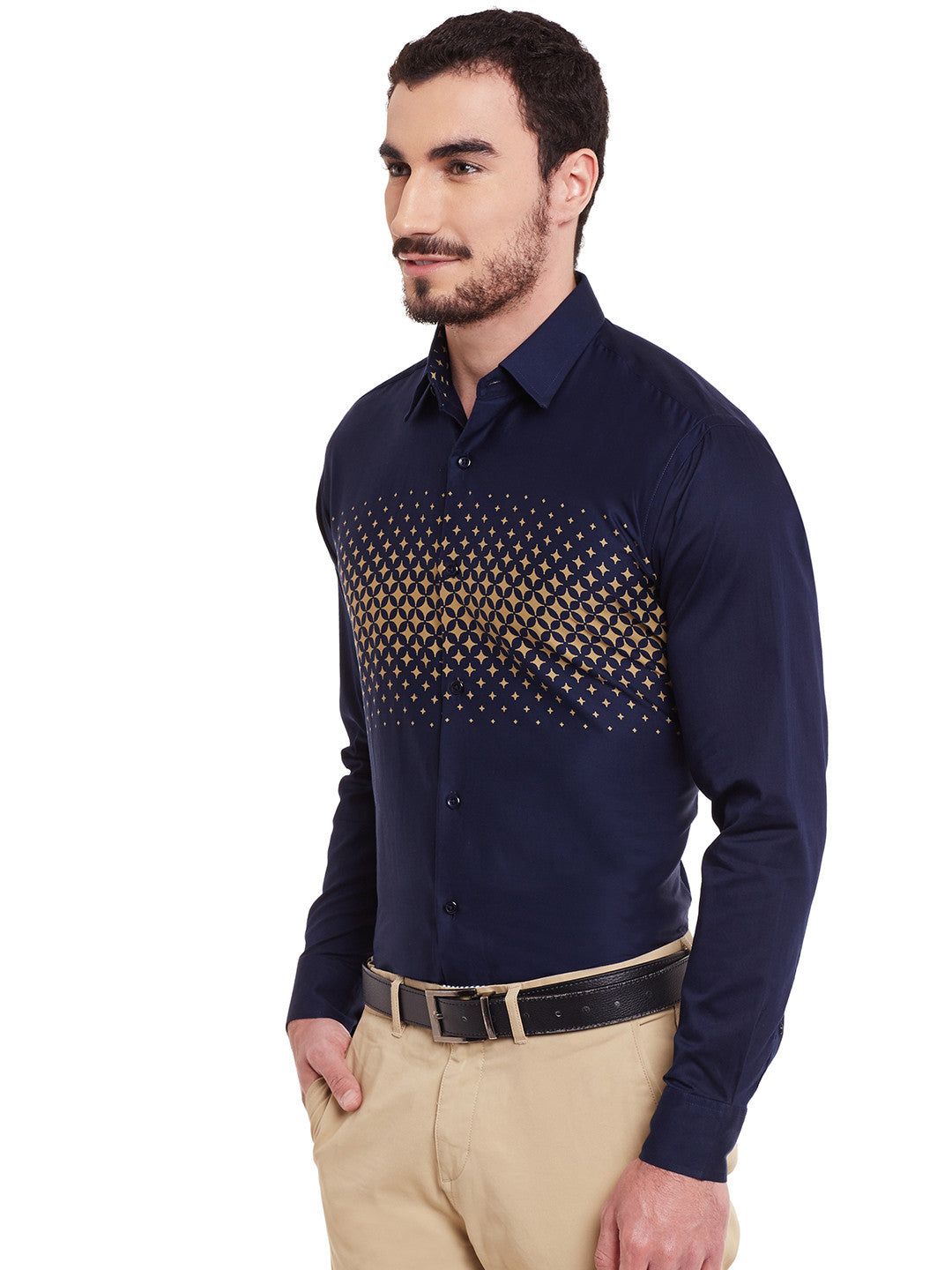 Men Navy Printed Pure Cotton Slim Fit Formal Shirt