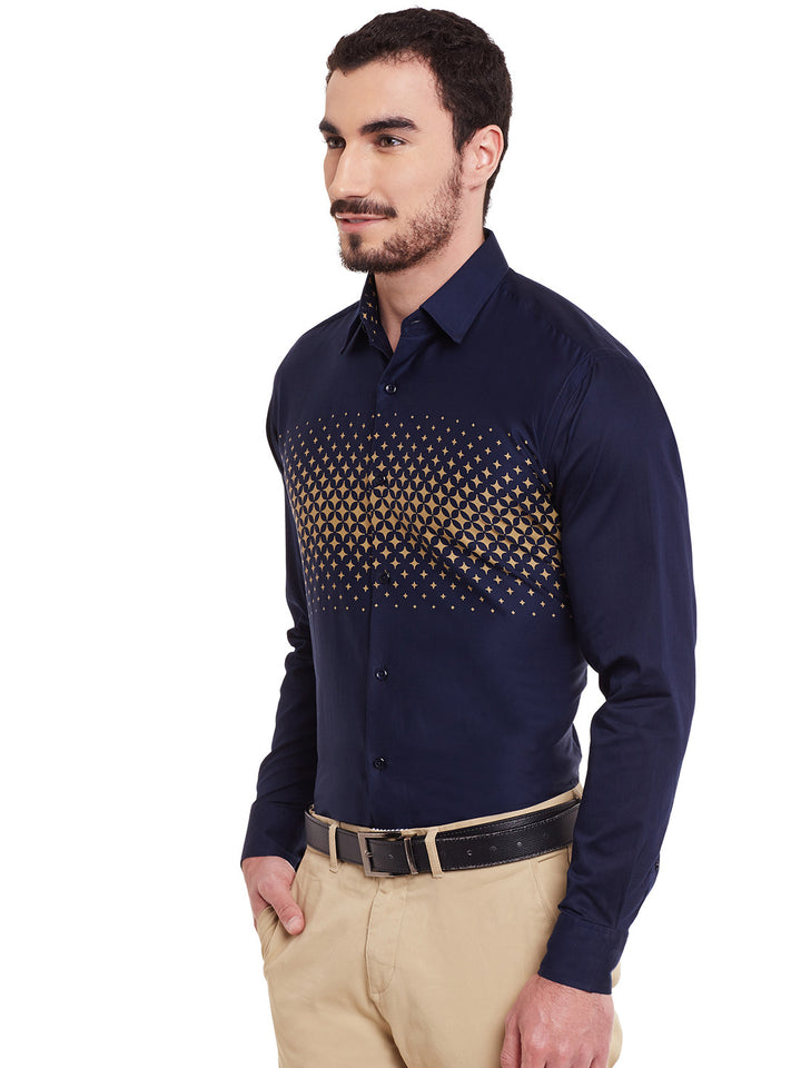 Men Navy Printed Pure Cotton Slim Fit Formal Shirt