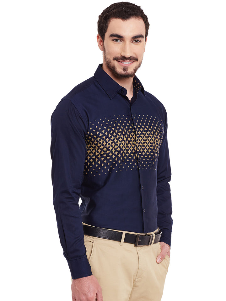 Men Navy Printed Pure Cotton Slim Fit Formal Shirt