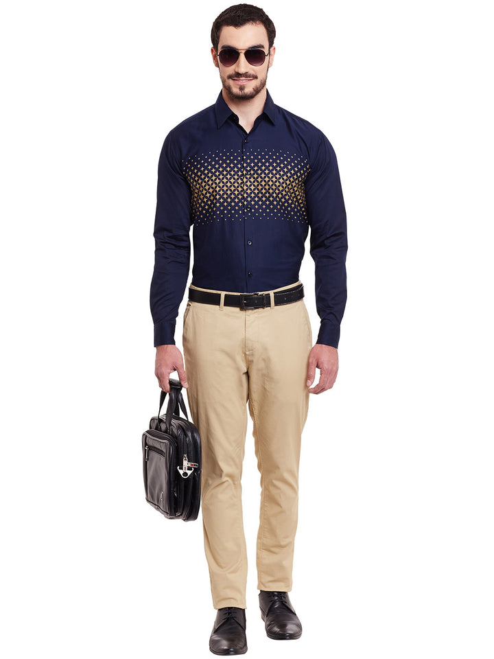 Men Navy Printed Pure Cotton Slim Fit Formal Shirt