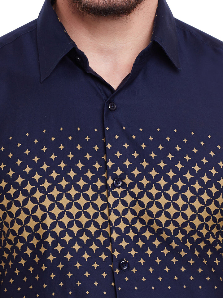 Men Navy Printed Pure Cotton Slim Fit Formal Shirt