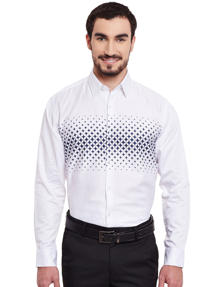 Men White Printed Pure Cotton Slim Fit Formal Shirt
