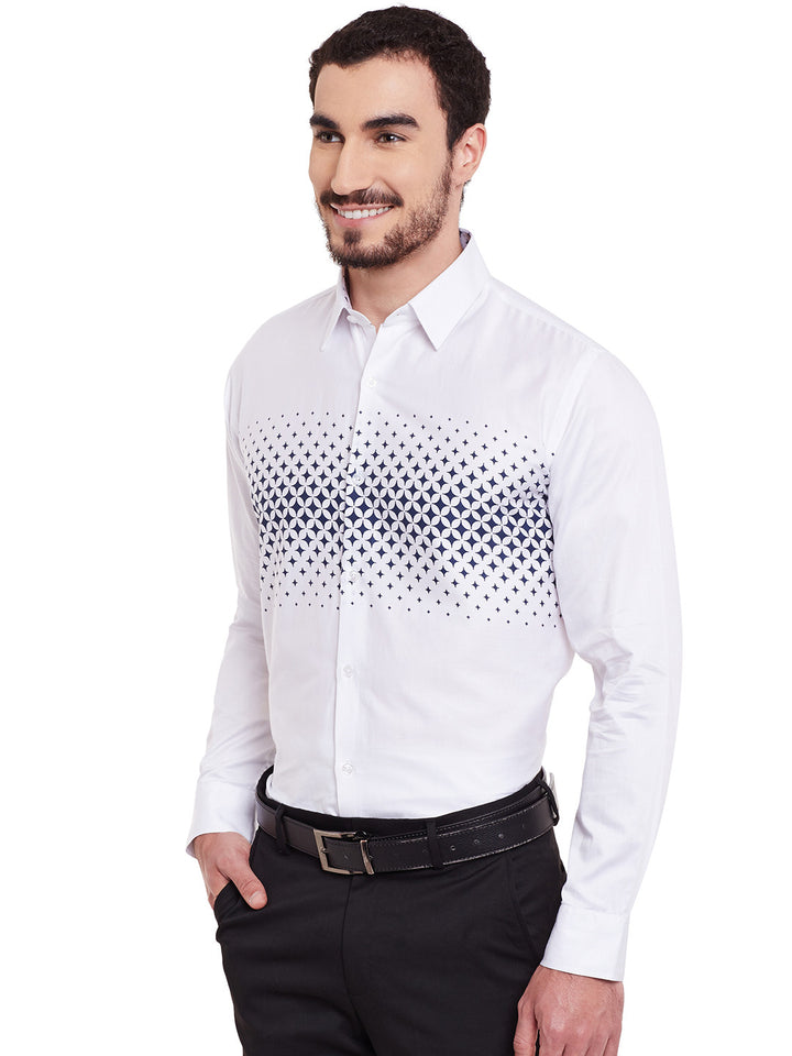 Men White Printed Pure Cotton Slim Fit Formal Shirt