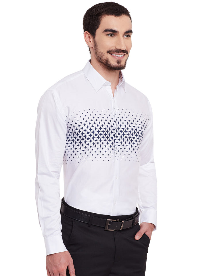Men White Printed Pure Cotton Slim Fit Formal Shirt