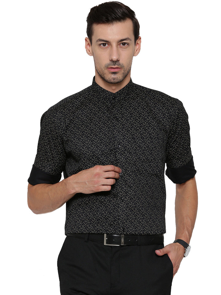Men Black Printed Pure Cotton Slim Fit Formal Shirt
