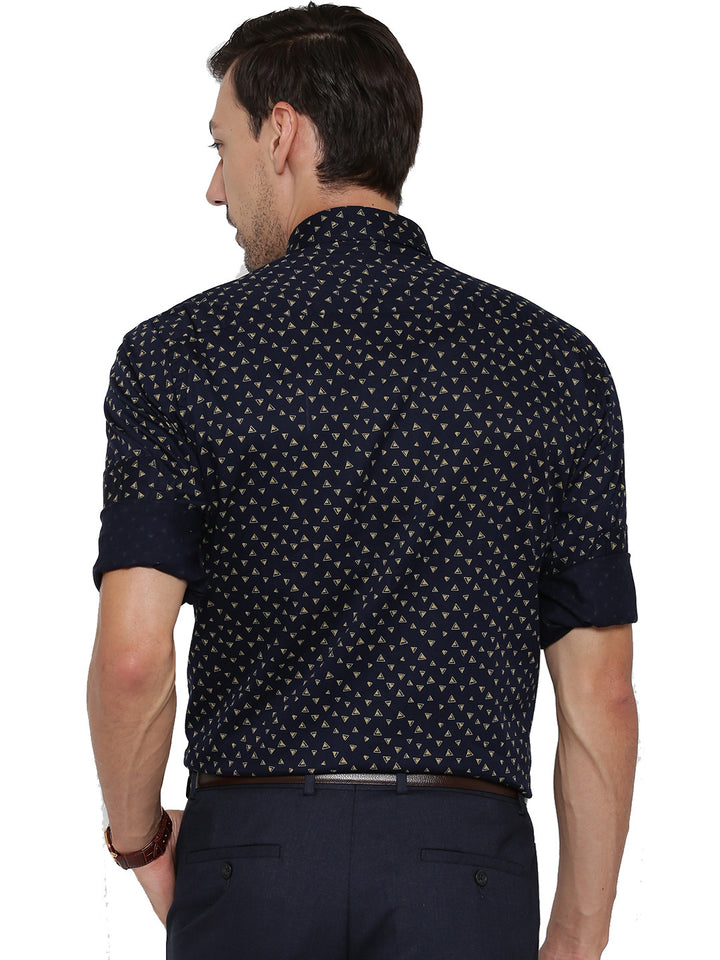 Men Navy Printed Pure Cotton Slim Fit Formal Shirt