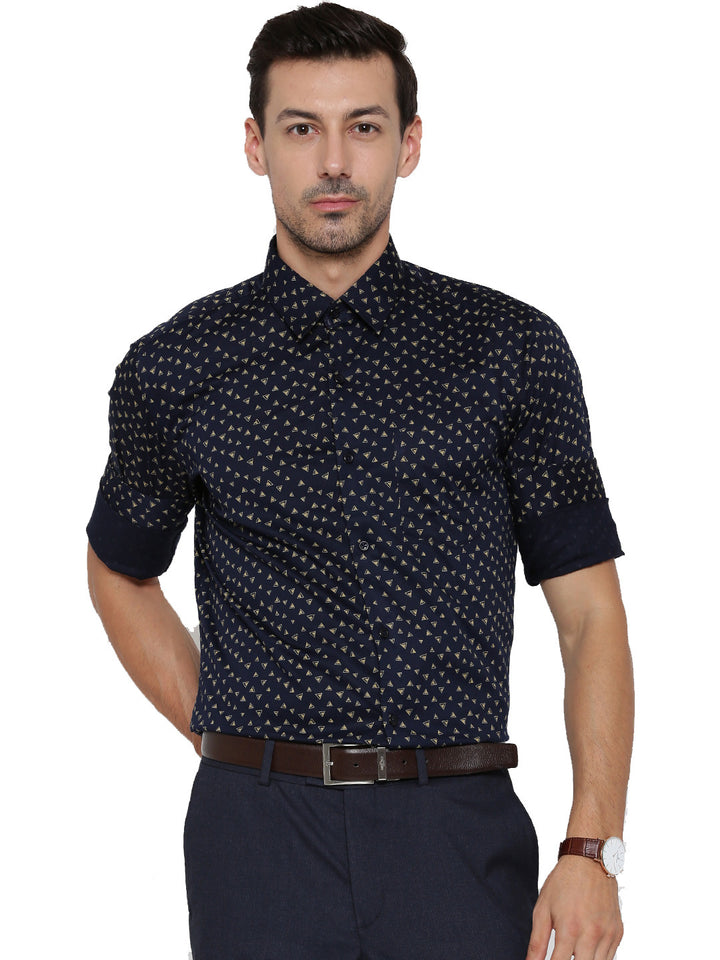 Men Navy Printed Pure Cotton Slim Fit Formal Shirt