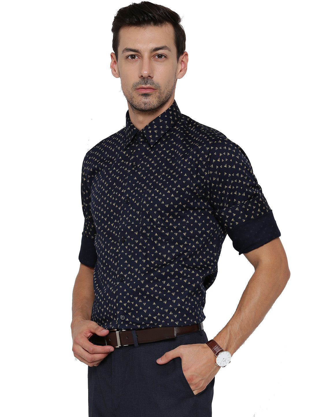 Men Navy Printed Pure Cotton Slim Fit Formal Shirt