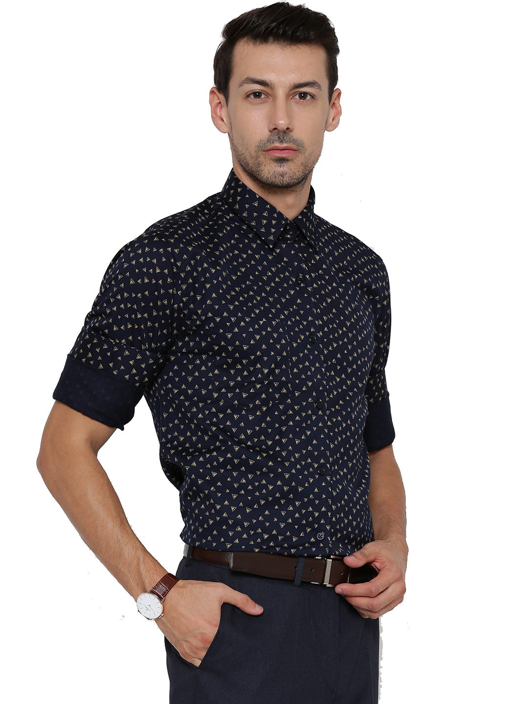 Men Navy Printed Pure Cotton Slim Fit Formal Shirt