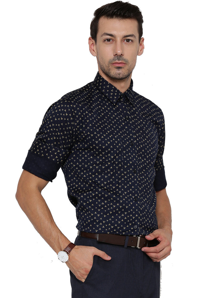Men Navy Printed Pure Cotton Slim Fit Formal Shirt
