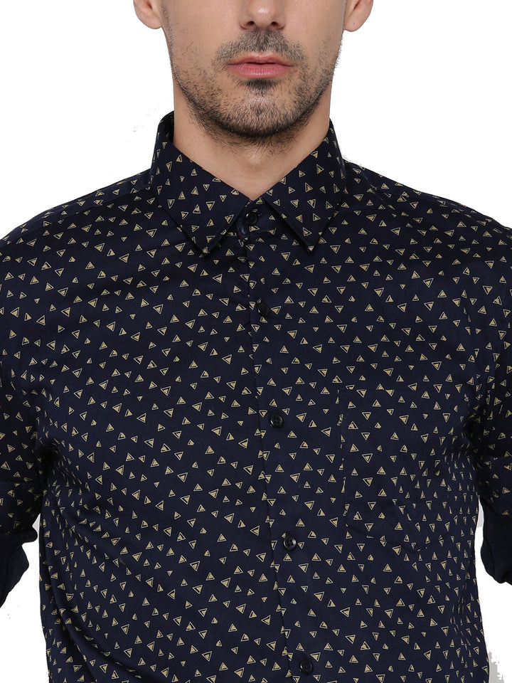 Men Navy Printed Pure Cotton Slim Fit Formal Shirt