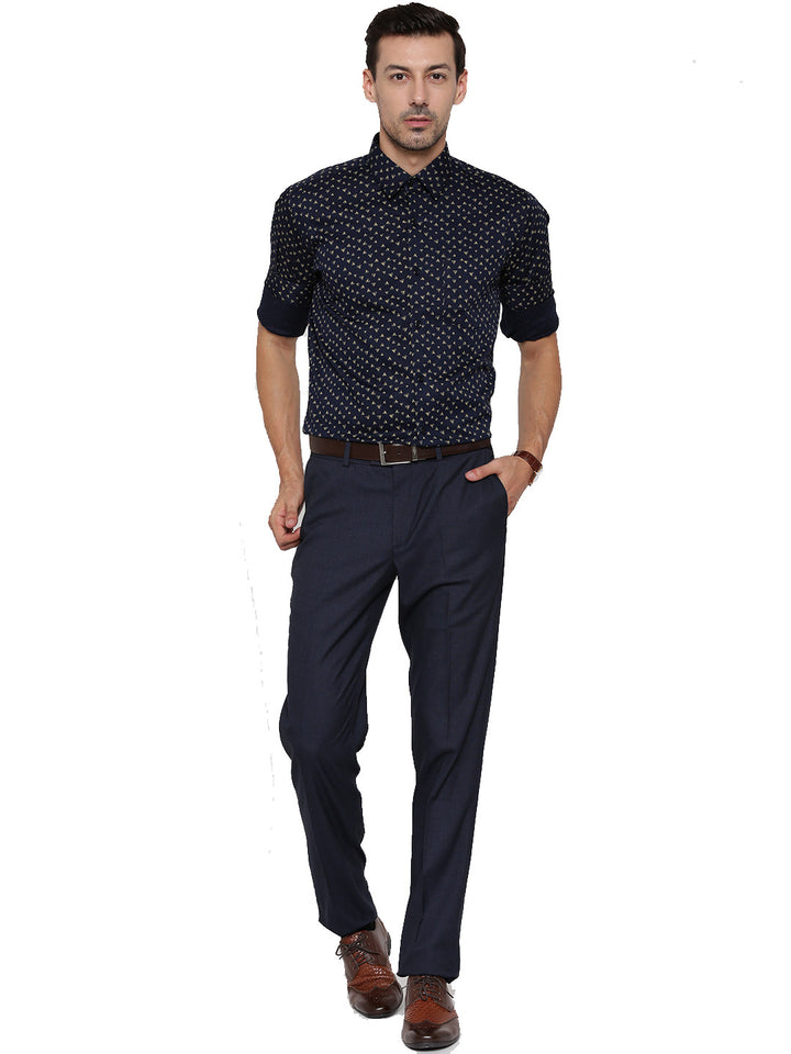 Men Navy Printed Pure Cotton Slim Fit Formal Shirt