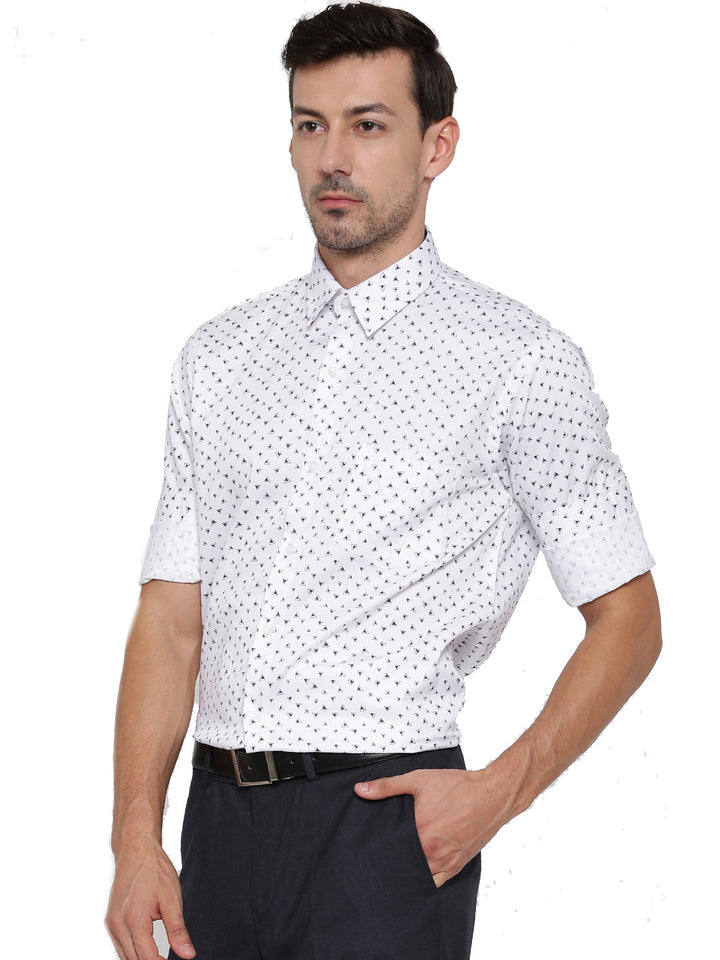 Men White Printed Pure Cotton Slim Fit Formal Shirt