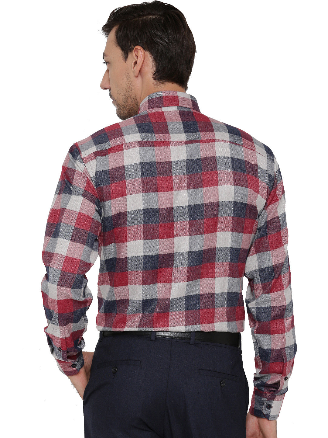 Men Navy and Red Checks Pure Cotton Slim Fit Formal Shirt