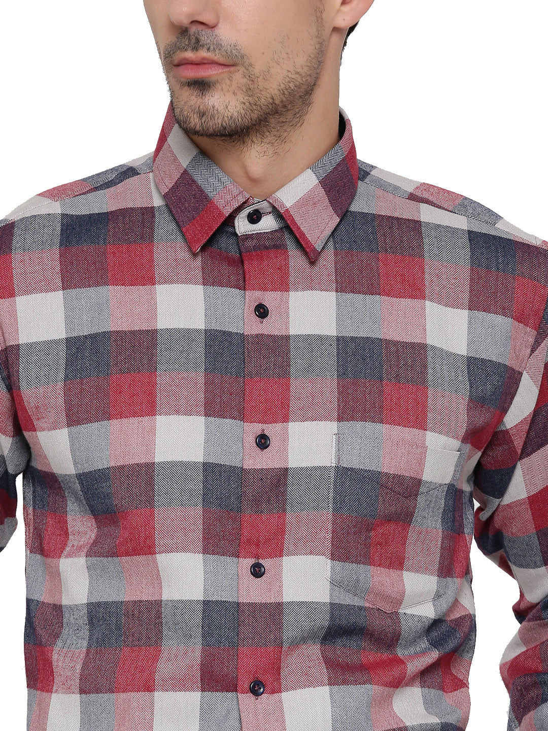 Men Navy and Red Checks Pure Cotton Slim Fit Formal Shirt