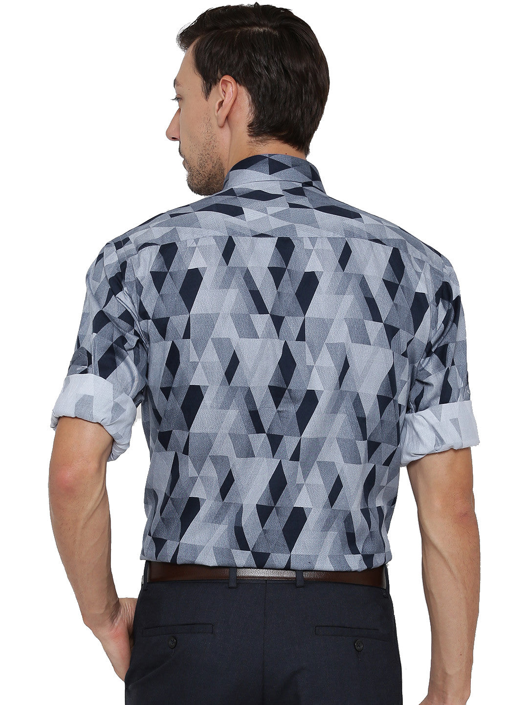 Men Grey and Navy Printed Pure Cotton Slim Fit Formal Shirt