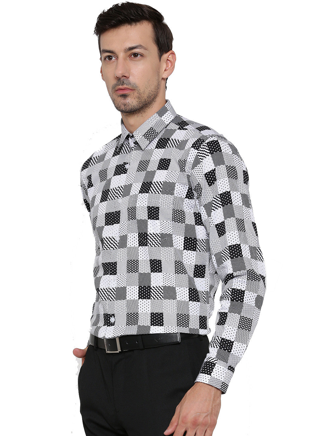 Men White and Black Printed Pure Cotton Slim Fit Formal Shirt