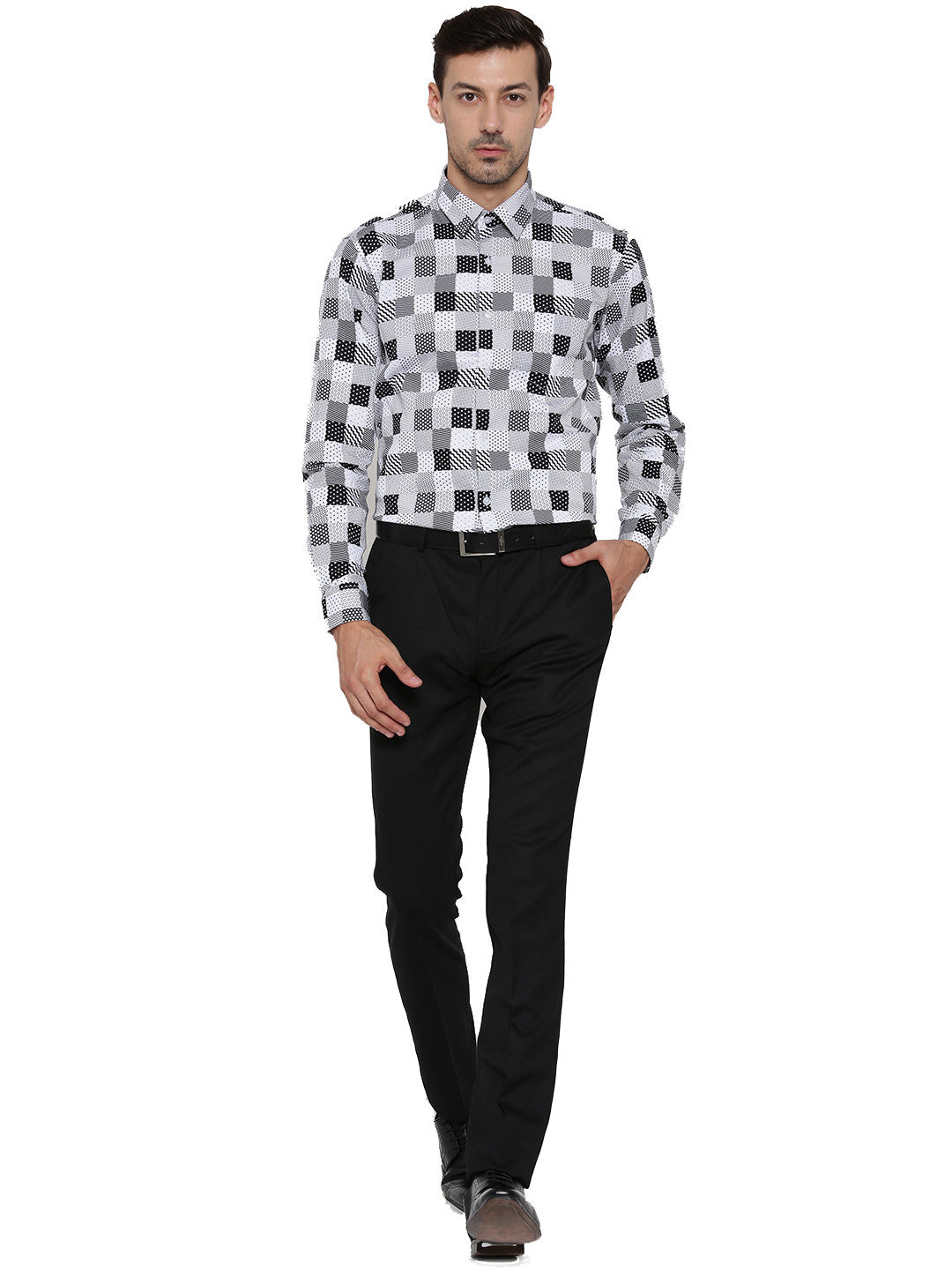 Men White and Black Printed Pure Cotton Slim Fit Formal Shirt