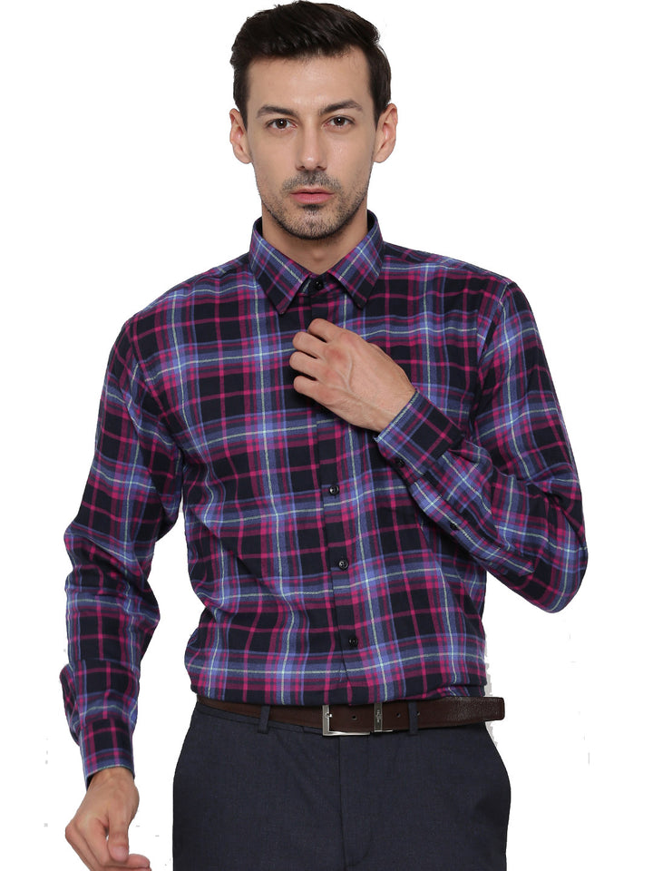 Men Navy and Purple Checks Pure Cotton Slim Fit Formal Shirt
