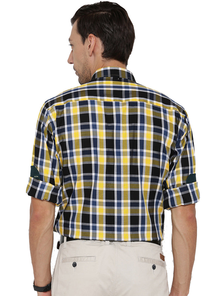 Men Black and Yellow Checks Pure Cotton Slim Fit Formal Shirt