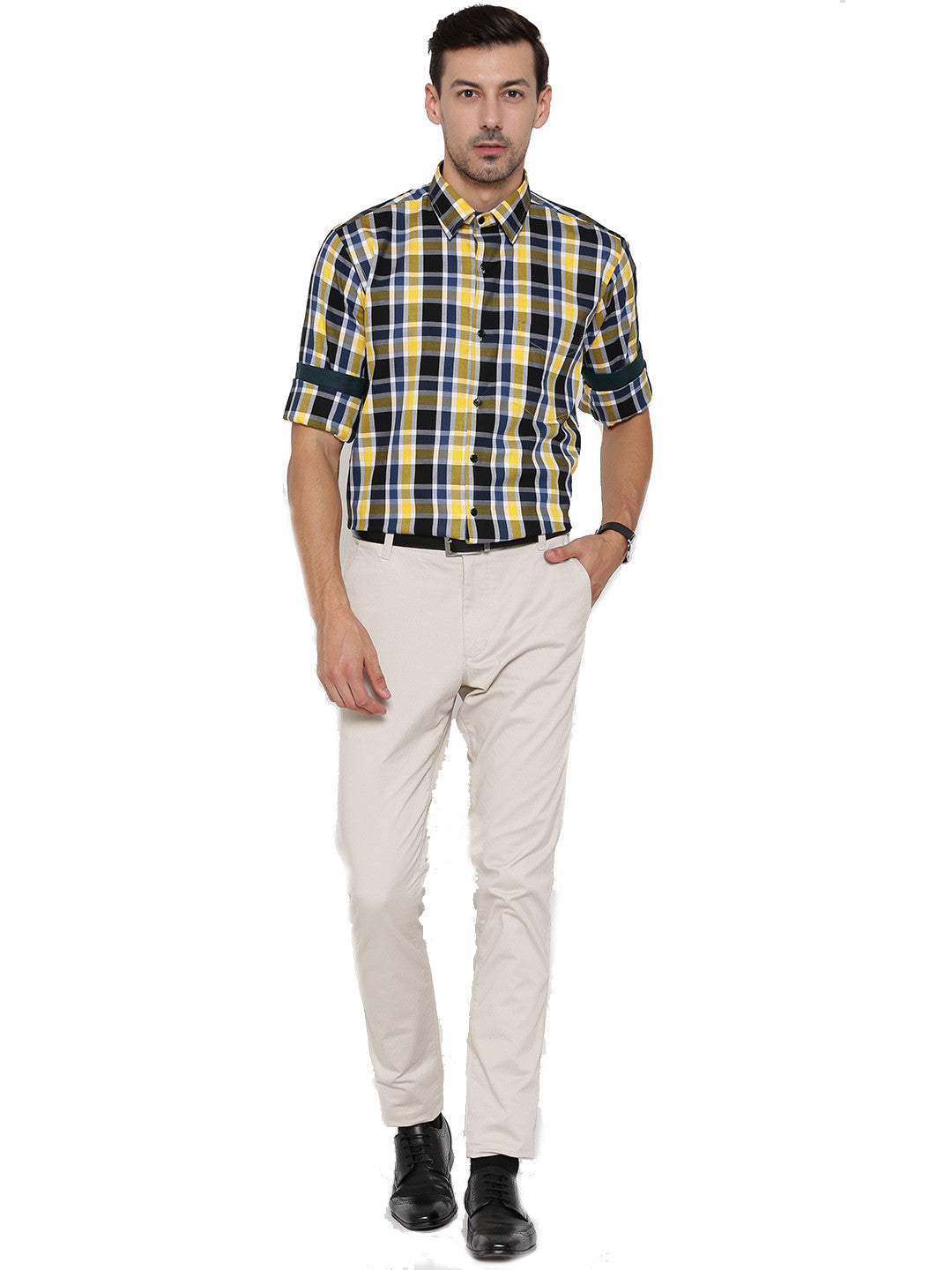 Men Black and Yellow Checks Pure Cotton Slim Fit Formal Shirt
