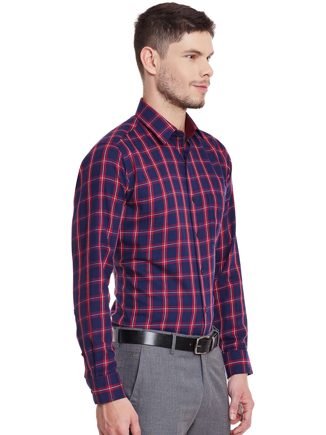 Men Navy and Red Checks Pure Cotton Slim Fit Formal Shirt
