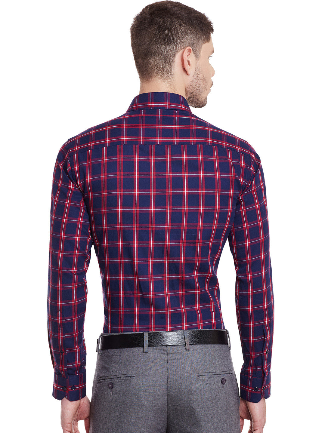Men Navy and Red Checks Pure Cotton Slim Fit Formal Shirt