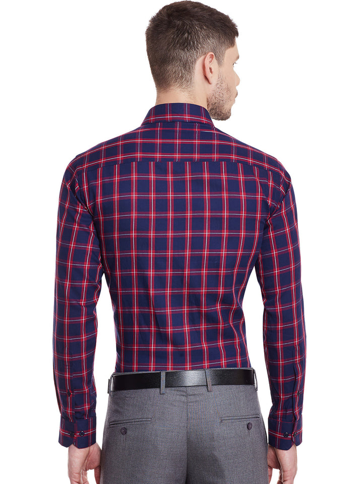 Men Navy and Red Checks Pure Cotton Slim Fit Formal Shirt