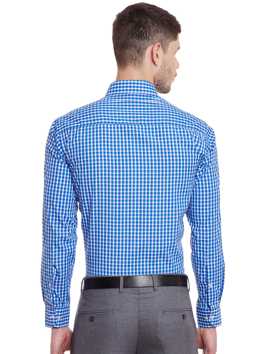 Men Blue and White Checks Cotton Slim Fit Formal Shirt