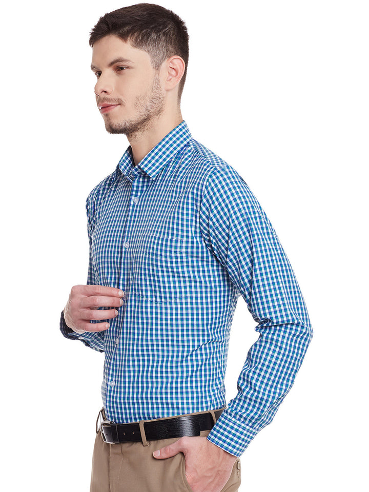 Men Blue and Green Checks Cotton Slim Fit Formal Shirt