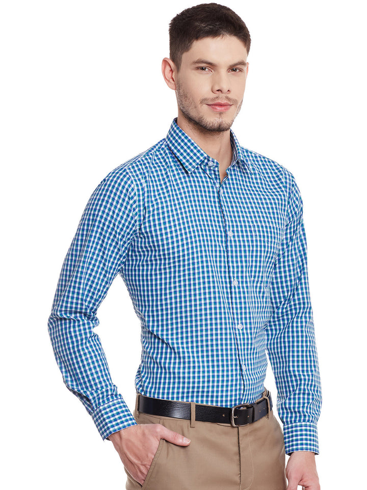 Men Blue and Green Checks Cotton Slim Fit Formal Shirt