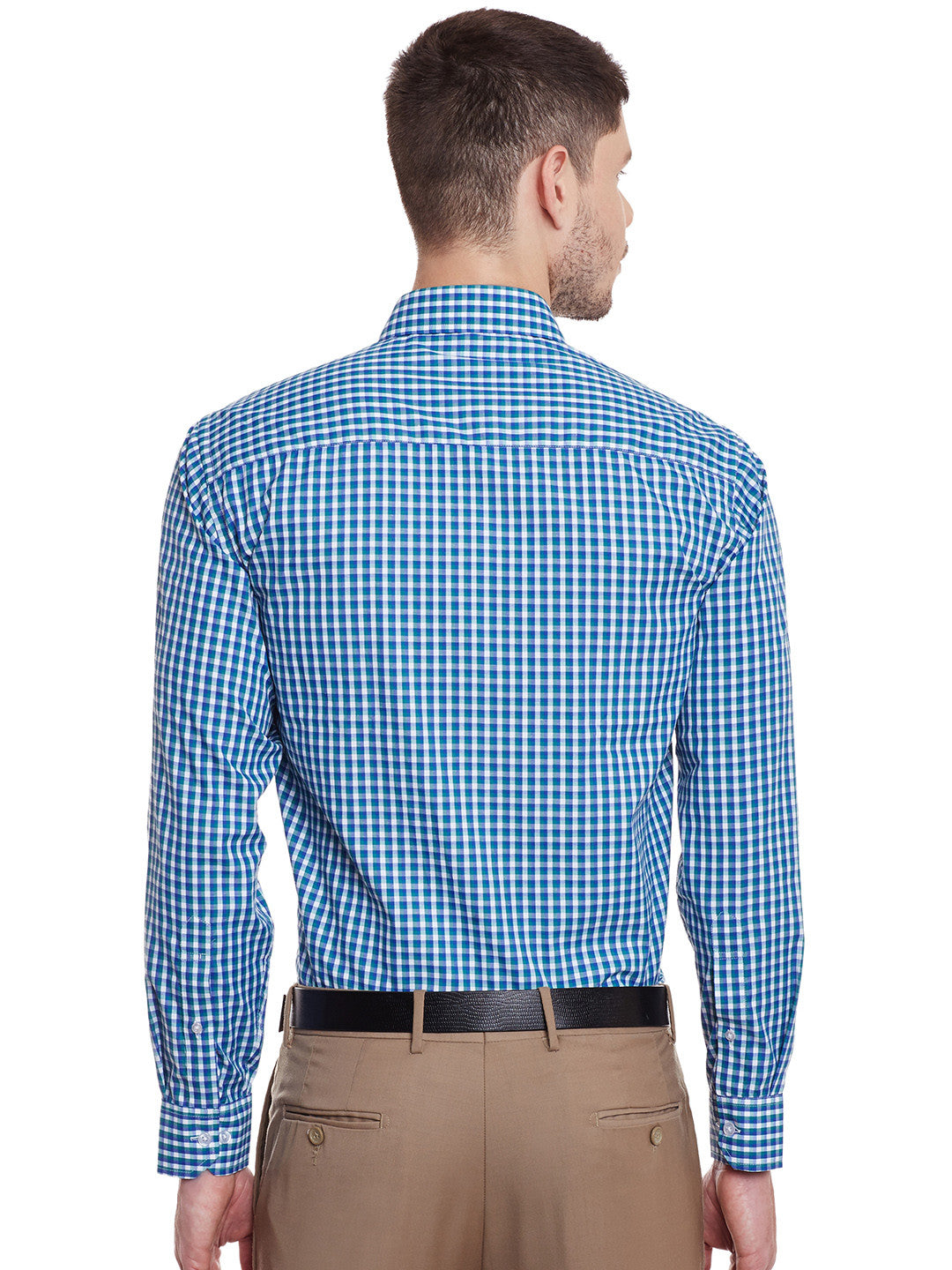 Men Blue and Green Checks Cotton Slim Fit Formal Shirt
