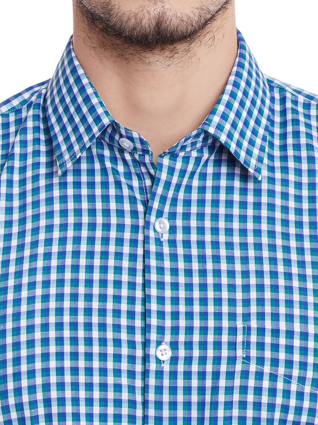 Men Blue and Green Checks Cotton Slim Fit Formal Shirt