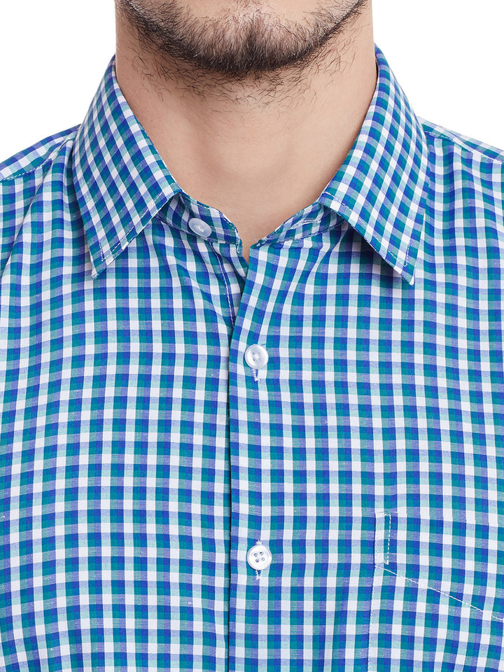 Men Blue and Green Checks Cotton Slim Fit Formal Shirt