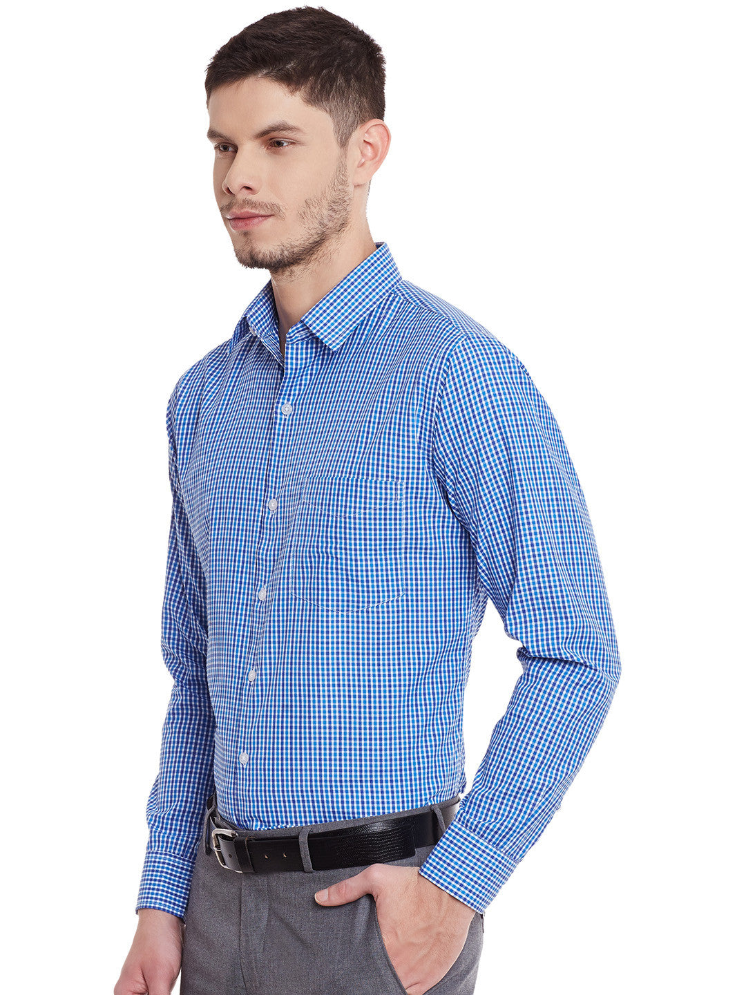 Men Blue and Turquoise Checks Cotton Slim Fit Formal Shirt