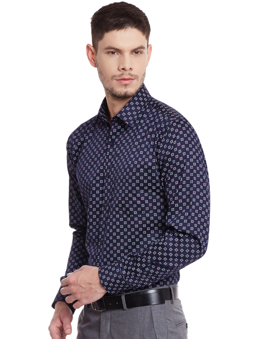 Men Navy Printed Pure Cotton Slim Fit Formal Shirt