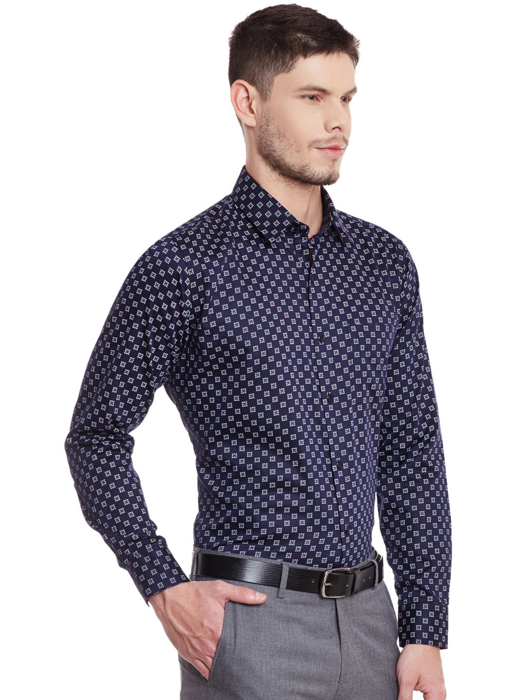 Men Navy Printed Pure Cotton Slim Fit Formal Shirt