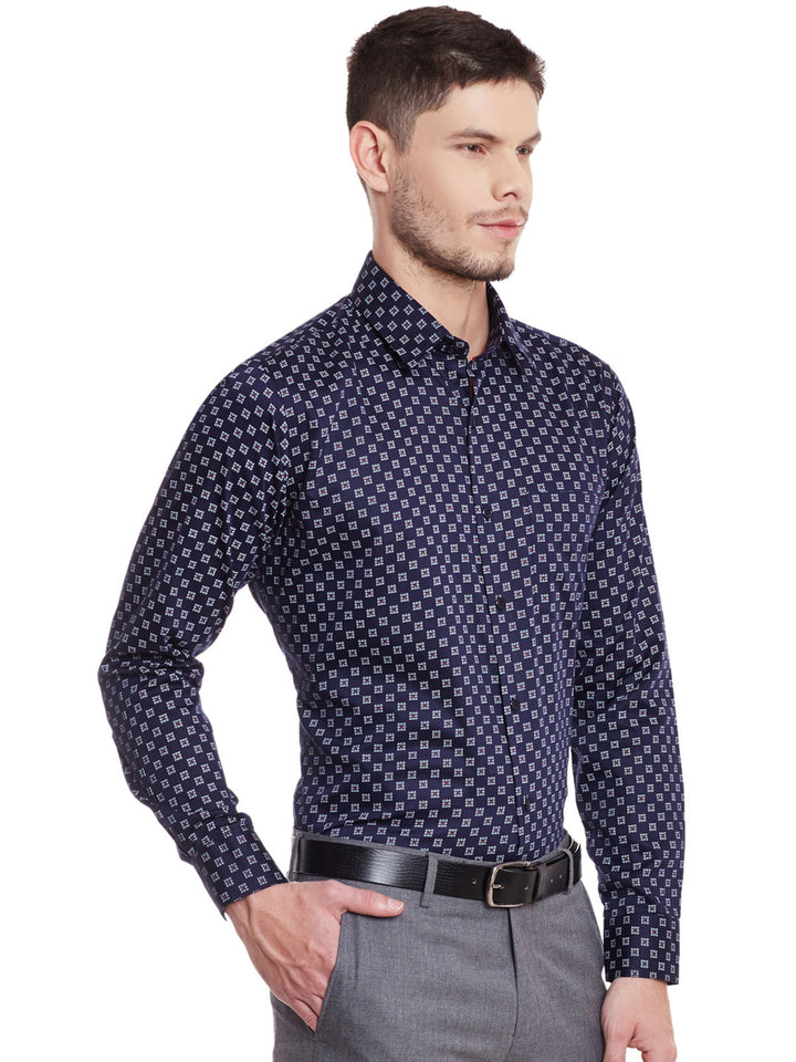 Men Navy Printed Pure Cotton Slim Fit Formal Shirt