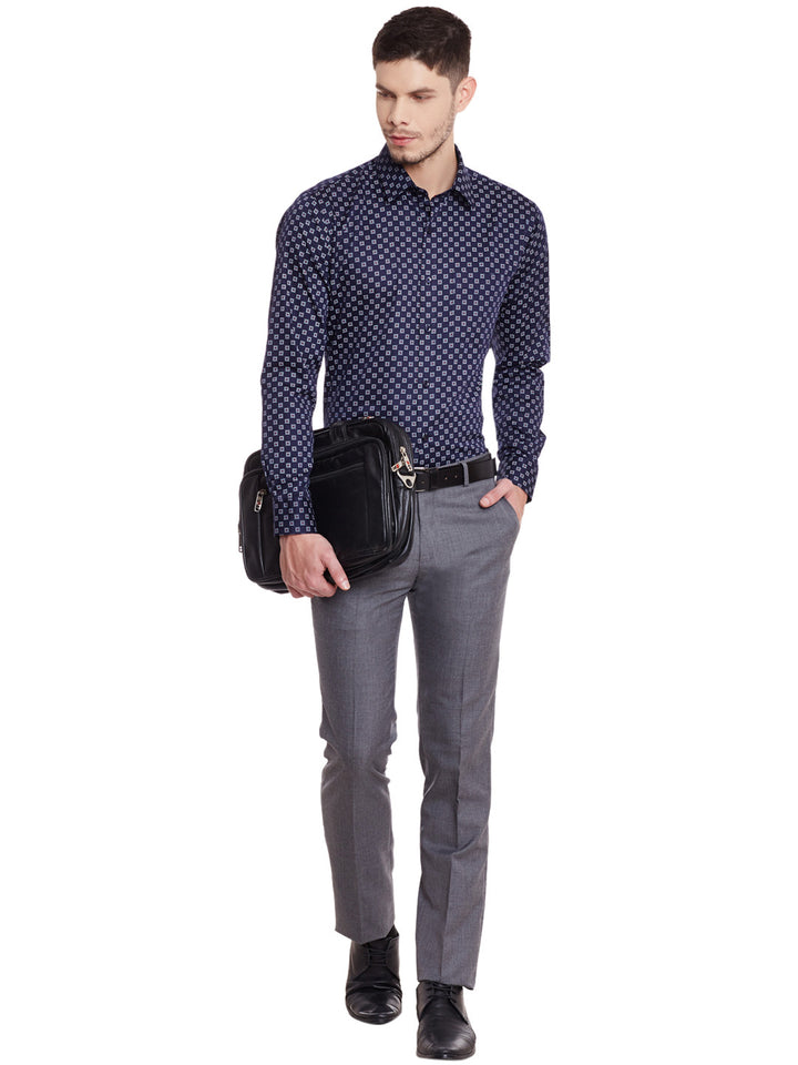 Men Navy Printed Pure Cotton Slim Fit Formal Shirt