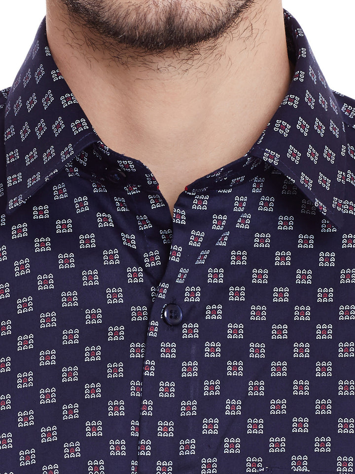 Men Navy Printed Pure Cotton Slim Fit Formal Shirt