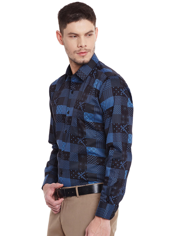 Men Black Printed Pure Cotton Slim Fit Formal Shirt