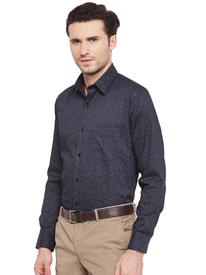 Men Black Printed Cotton Slim Fit Formal Shirt
