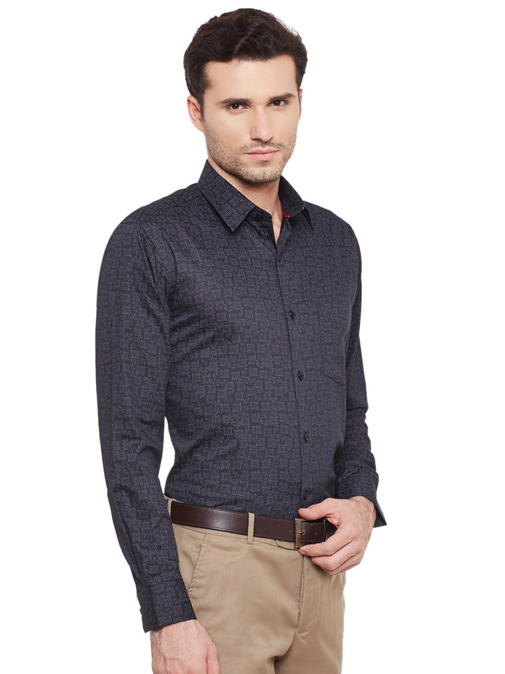 Men Black Printed Cotton Slim Fit Formal Shirt